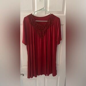 Elegant Lace Trim Red Blouse